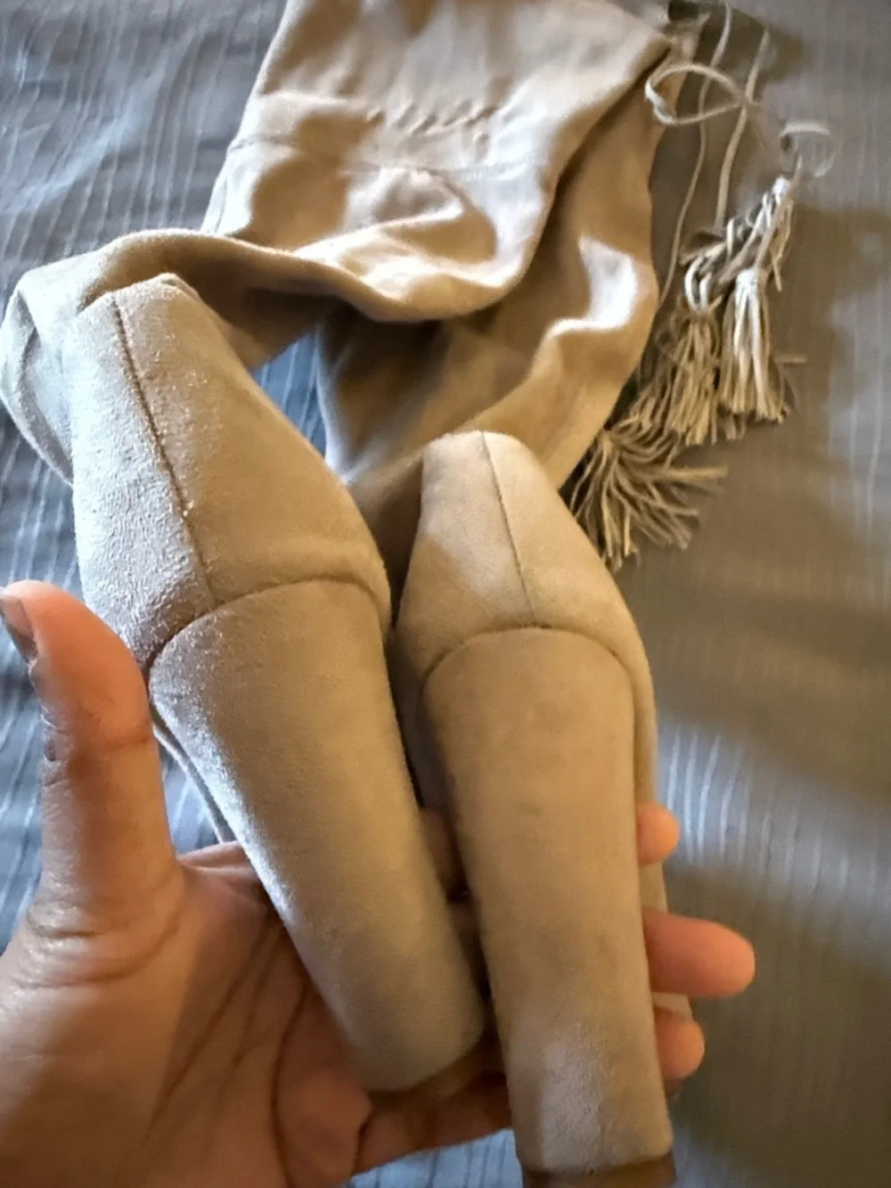 Shutz Over-the-Knee Suede Block Heel Boots in Taupe 7.5 B tassels